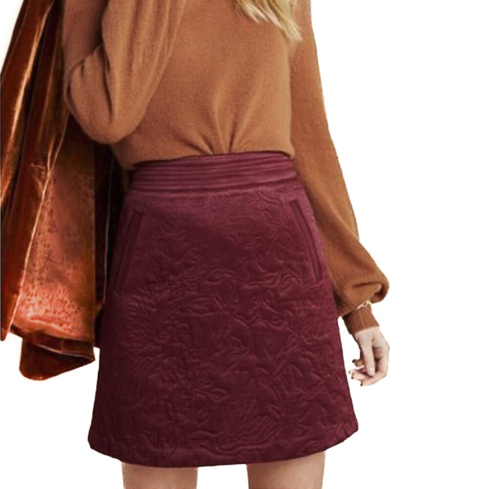 Anthropologie Maeve Beatrice Quilted Mini Skirt in Wine Leaf Burgundy Sz 8 -NWOT